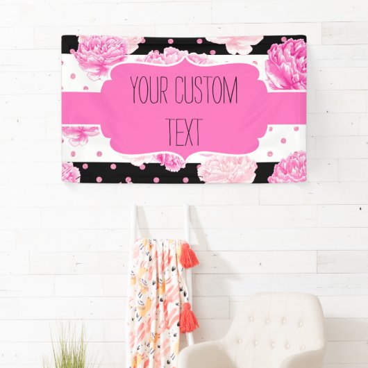 B&W Horizontale Strepen Stippen Roze Bloemen Verja Spandoek (Insitu)