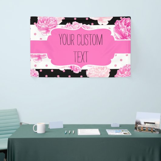 B&W Horizontale Strepen Stippen Roze Bloemen Verja Spandoek (Beurs)