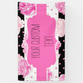 B&W Horizontale Strepen Stippen Roze Bloemen Verja Spandoek (Verticaal)