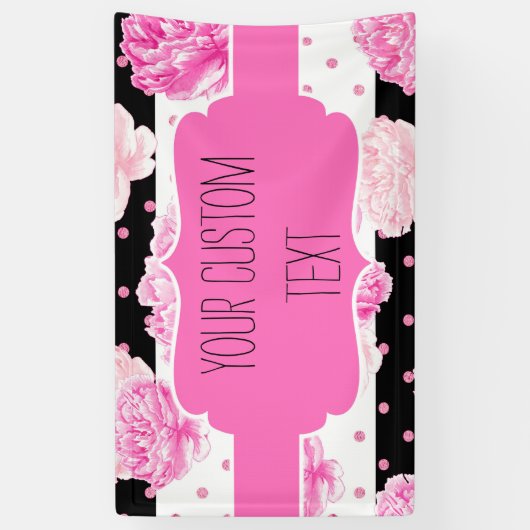 B&W Horizontale Strepen Stippen Roze Bloemen Verja Spandoek (Verticaal)