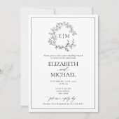 B&W Leafy Crest Monogram Post Bruiloft Brunch Kaart (Voorkant)