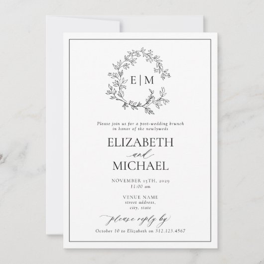 B&W Leafy Crest Monogram Post Bruiloft Brunch Kaart (Voorkant)