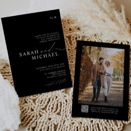 B&W Minimal Elegant Modern Script QR Code Wedding Kaart