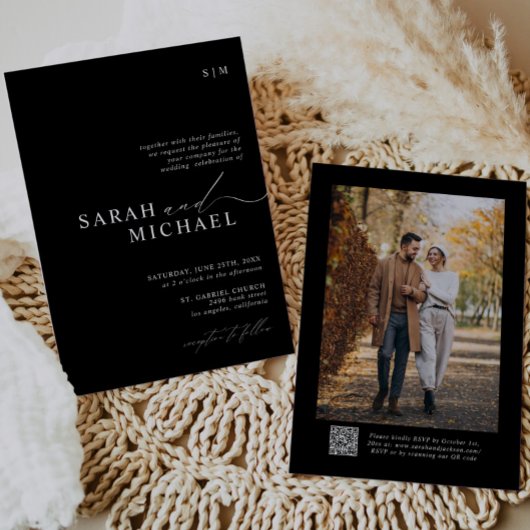 B&W Minimal Elegant Modern Script QR Code Wedding Kaart