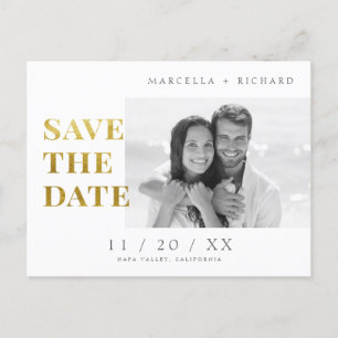 B&W Minimalist Gold Photo Wedding Sla de datum op Briefkaart