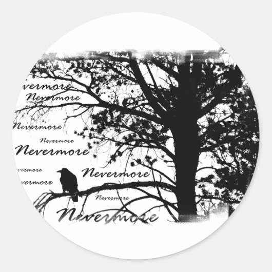 B&W Nevermore Raven Silhouette Ronde Sticker (Voorkant)