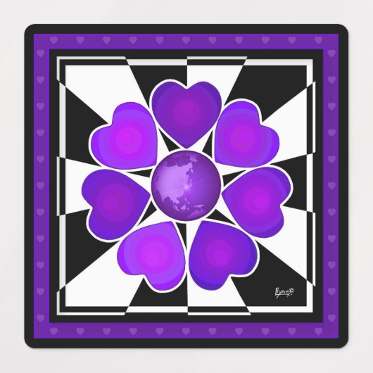 B&W Paarse harten kloppen Labels (Design 1)