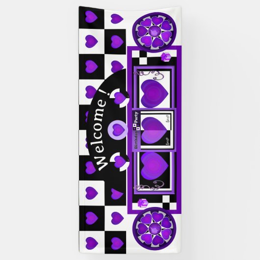 B&W paarse harten kloppen Spandoek (Verticaal)