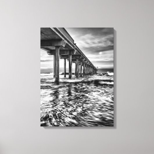 B&W pier bij zonsopgang, Californië Canvas Afdruk (Voorkant)