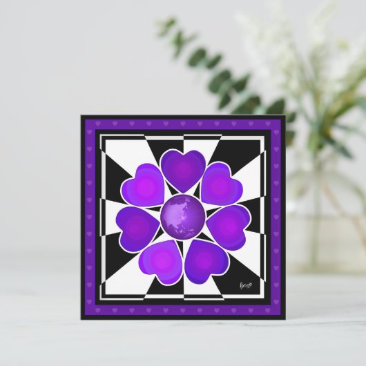 B&W Purple Hearts Beating Kaart (Staand voorkant)