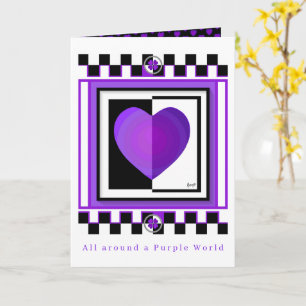 B&W Purple Hearts Beating Verjaardagskaart Kaart