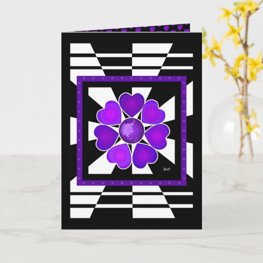 B&W Purple Hearts Beating verjaardagskaart Kaart (Gele Bloem)