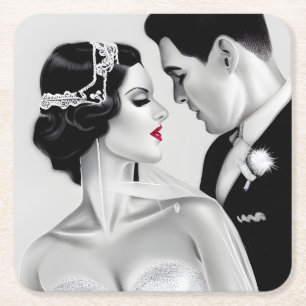 B&W Retro Art Deco  Bride & Groom Kartonnen Onderzetters