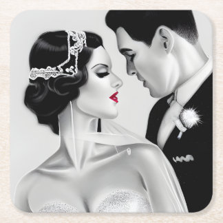 B&W Retro Art Deco Bride & Groom Kartonnen Onderzetters
