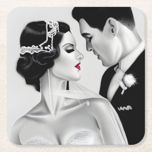 B&W Retro Art Deco  Bride & Groom Kartonnen Onderzetters (Voorkant)