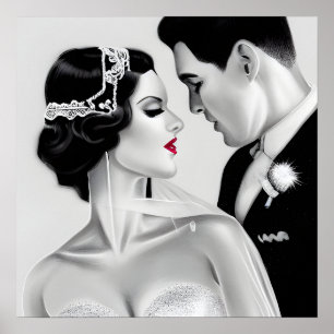 B&W Retro Art Deco Bride & Groom Poster