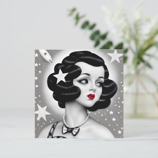 B&W Retro Art Deco Space Girl Kaart (Staand voorkant)