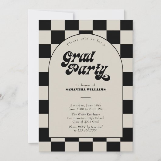 B&W Retro Checkered Arch Graduation Party Kaart (Voorkant)