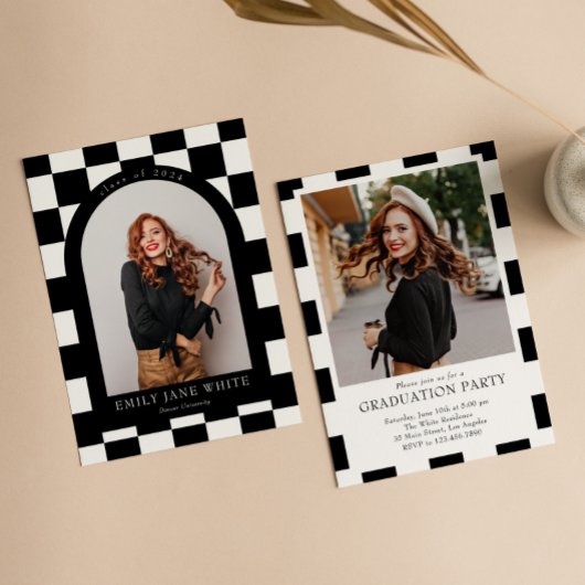 B&W Retro geruit Arch Classic Photo Afstuderen Kaart