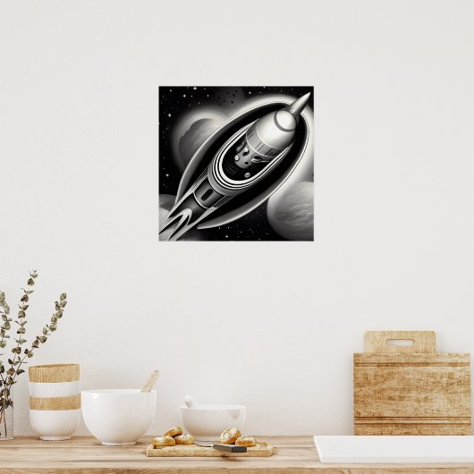 B&W Retro Rocket Poster (Keuken)