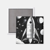 B&W Retro Rocket Ship Magneet (Voorkant / Achterkant)