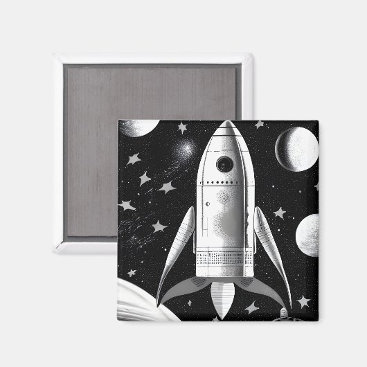 B&W Retro Rocket Ship Magneet (Voorkant / Achterkant)