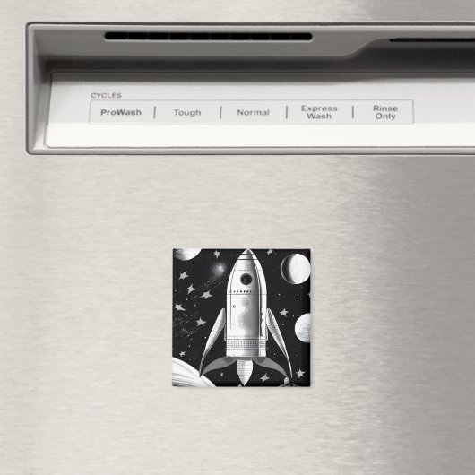 B&W Retro Rocket Ship Magneet (Insitu (Vaatwasser))