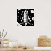 B&W Retro Rocket Ship Poster (Keuken)