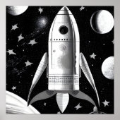 B&W Retro Rocket Ship Poster (Voorkant)