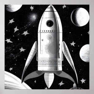 B&W Retro Rocket Ship Poster
