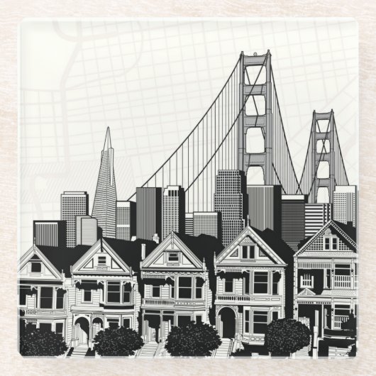 B&W San Francisco California Glazen Onderzetter (Voorkant)