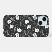 B&W Schattigee Doodle Halloween Patroon iPhone 15 Case (Achterkant horizontaal)