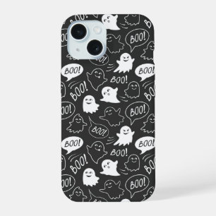 B&W Schattigee Doodle Halloween Patroon iPhone 15 Case