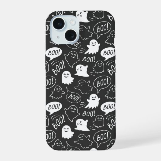B&W Schattigee Doodle Halloween Patroon iPhone 15 Case (Achterkant)