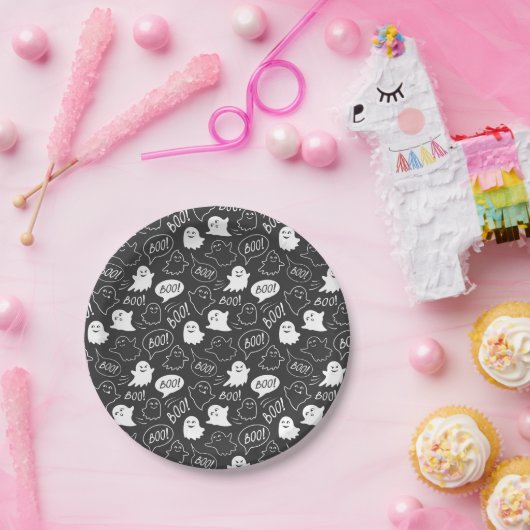 B&W Schattigee Doodle Halloween Patroon Papieren Bordje (Feest)