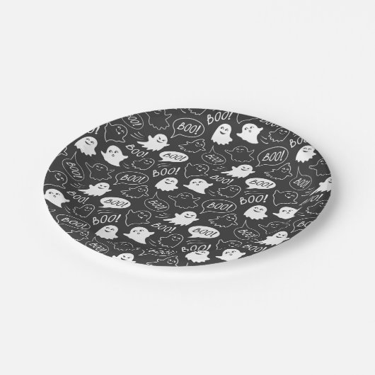 B&W Schattigee Doodle Halloween Patroon Papieren Bordje (Gekanteld)