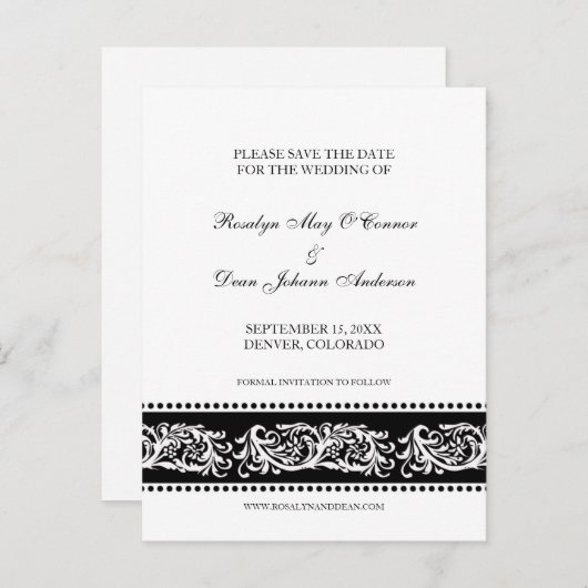 B & W scroll aangepaste bruiloft opslaan van de da Aankondigingskaart (Voorkant / Achterkant)