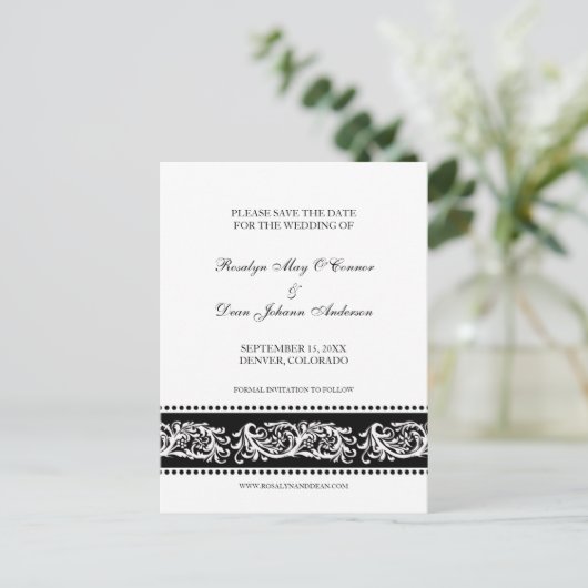 B & W scroll aangepaste bruiloft opslaan van de da Aankondigingskaart (Staand voorkant)