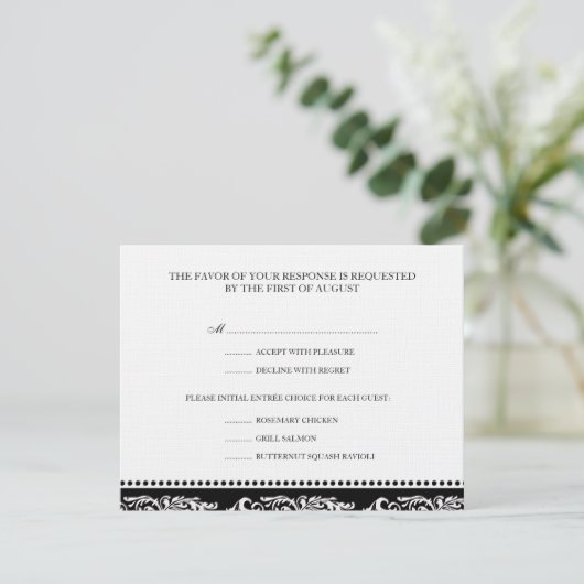 B&W scroll elegant rsvp bruiloft reactiekaart (Staand voorkant)