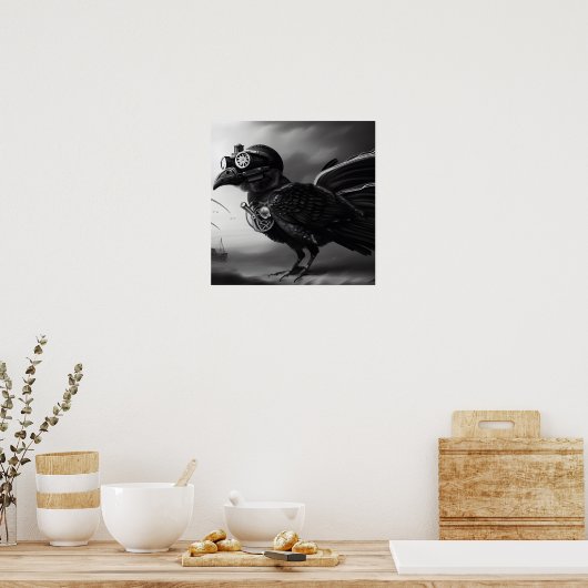 B&W Steampunk Robot Bird Poster (Keuken)