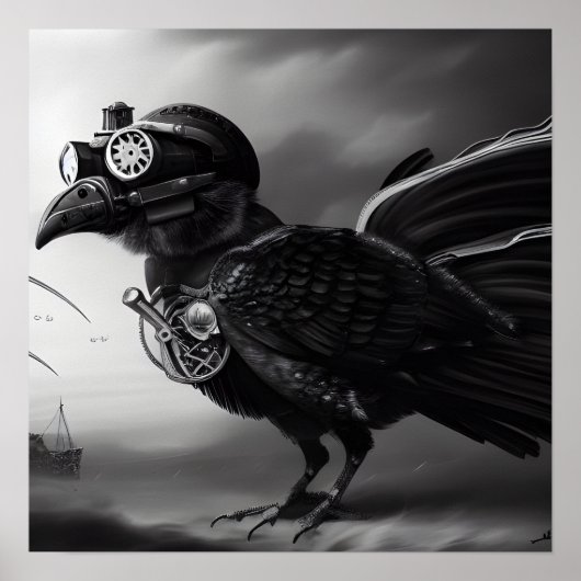 B&W Steampunk Robot Bird Poster (Voorkant)