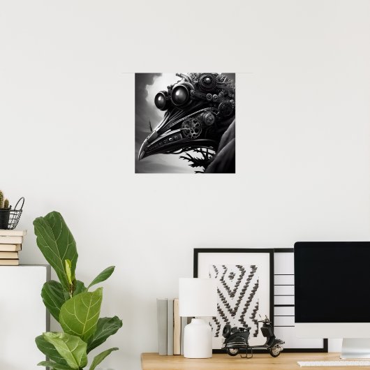 B&W Steampunk Robot Raven Poster (Thuiskantoor)