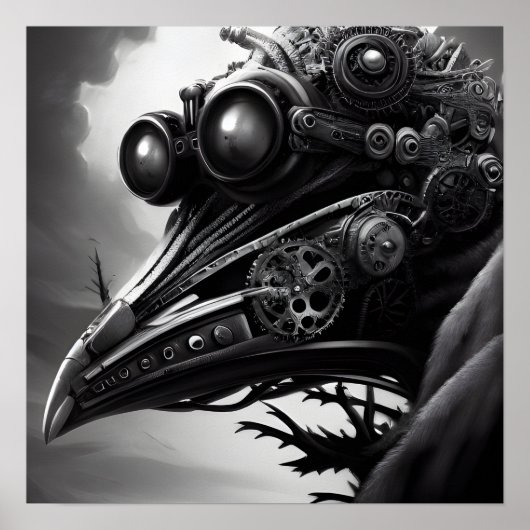B&W Steampunk Robot Raven Poster (Voorkant)