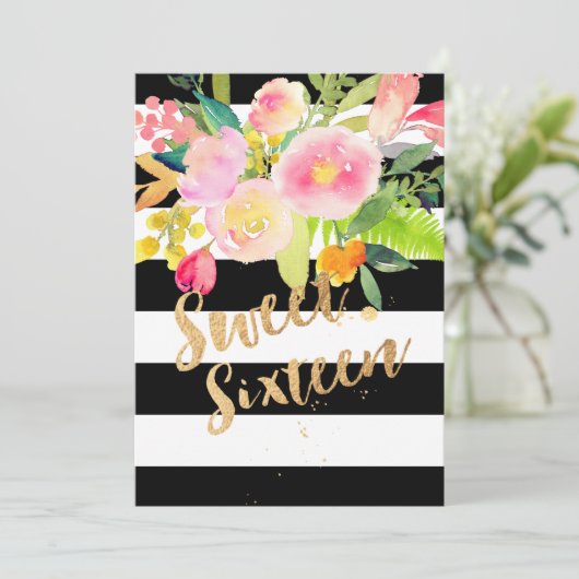 B+W Stripes, Sweet 16, Waterverf Lentebloem Kaart (Staand voorkant)