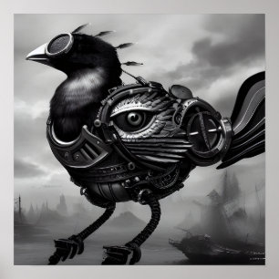 B&W Surreal Steampunk Eye Wing Bird Poster