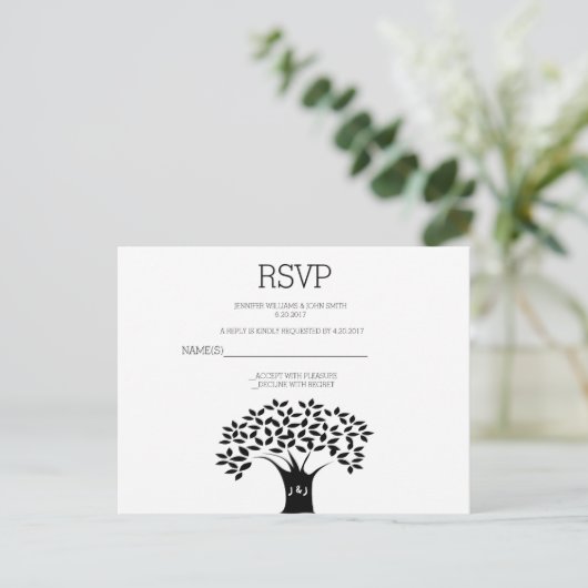 B&W Tree Wedding RSVP Kaarten (Staand voorkant)