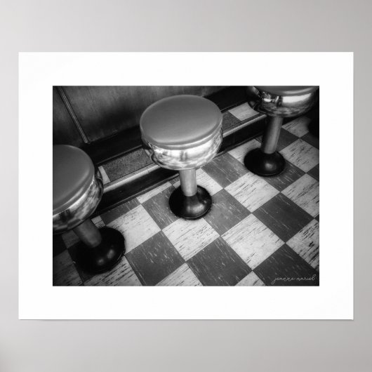 B&W Vintage Diner Stools Posterprint Poster (Voorkant)