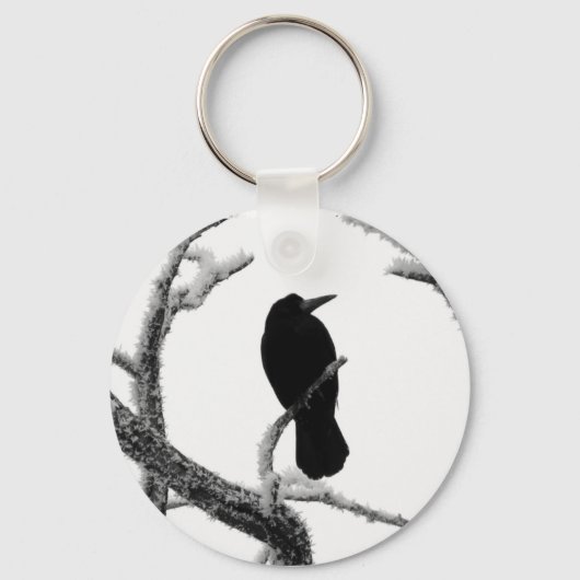 B&W Winter Raven Edgar Allan Poe Sleutelhanger (Voorkant)
