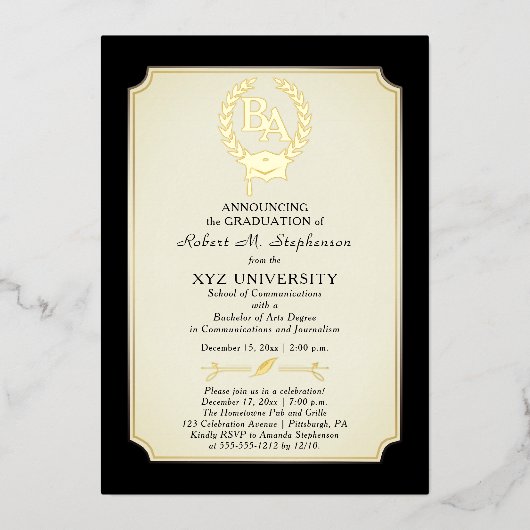 BA - Bachelor of Arts Degree College Graduation Folie Uitnodiging (Voorkant)