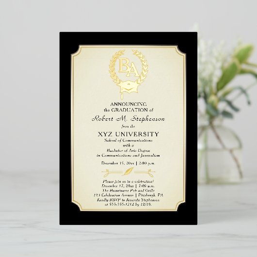 BA - Bachelor of Arts Degree College Graduation Folie Uitnodiging (Staand Voorkant)